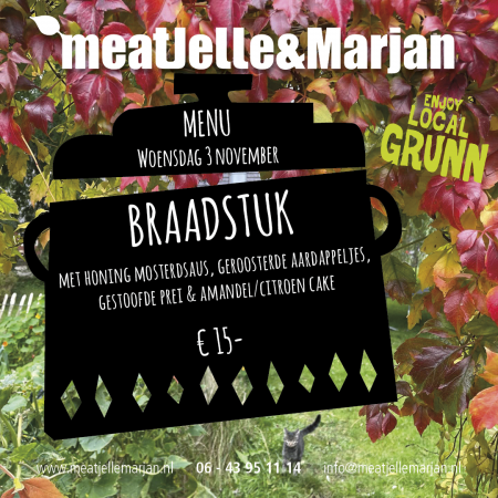 Meat Jelle en Marjan, catering, afhaalmaaltijden, Lageland, Groningen, Braadstuk, studio Hille